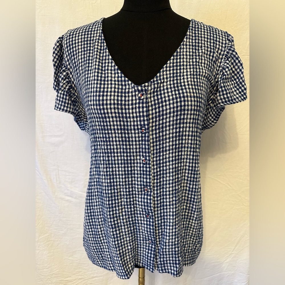 Jane & Delancey Gingham Blouse Large Blue White Check Flutter Sleeve Top NWOT